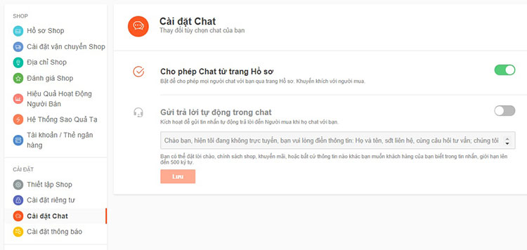 cài đặt chat shopee