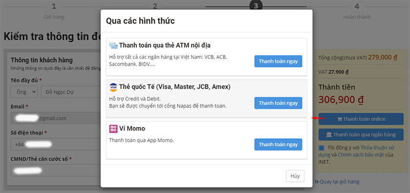 Các hình thức thanh toán online của inet