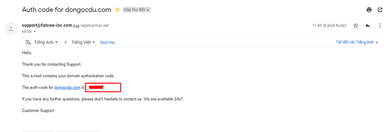 Email thông báo mã auth code tên miền