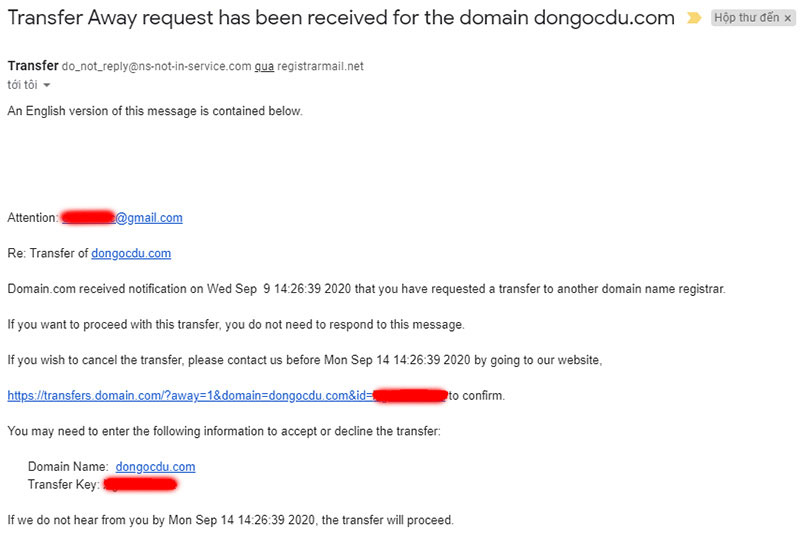 Email thông báo chuyển tên miền của cơ quan quản lý tên miền quốc tế Domain.com