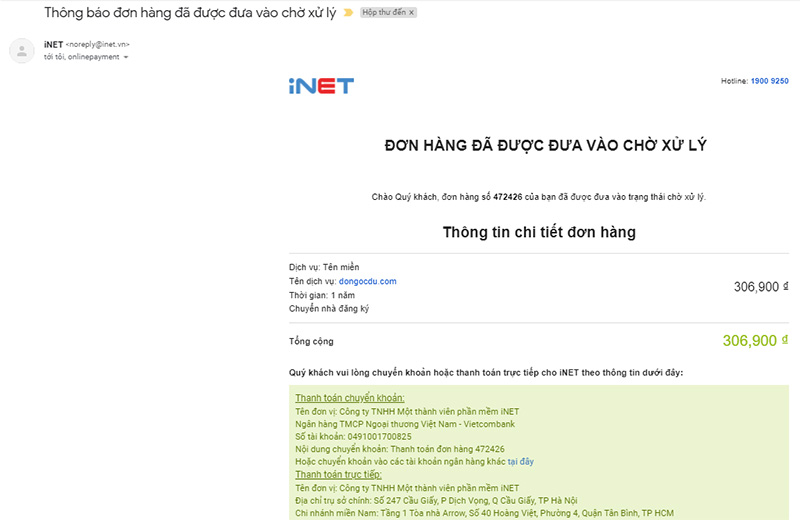 Email thông báo đơn hàng chờ xử lý