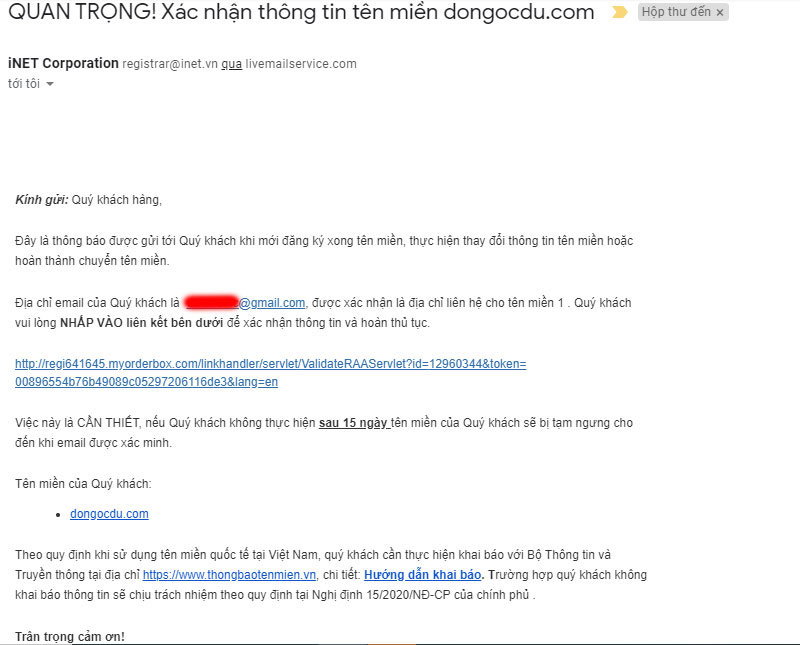 Email xác nhận thông tin tên miền của inet