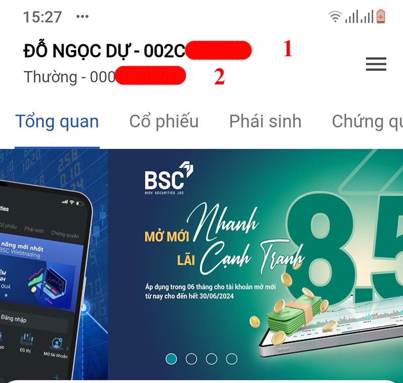 Giao diện tài khoản BSC gồm số tài khoản và tiểu khoản