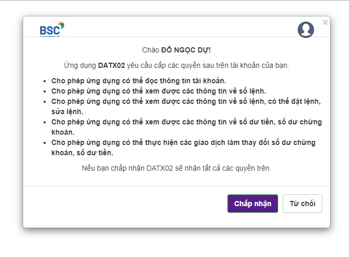 Chấp nhận cấp quyền kết nối với DatX