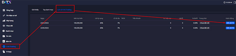 Kết nối dịch vụ X-AI Trading với tiểu khoản của tài khoản chứng khoán