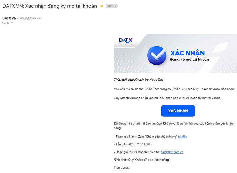 Mail xác nhận đăng ký tài khoản Xwealth